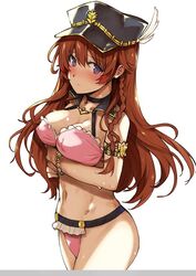  armlet bikini blue_eyes blush bracelet braid breast_lift breasts brown_hair choker cleavage commentary_request covered_nipples female frilled_bikini frills granblue_fantasy hat jewelry jpeg_artifacts katsurai_yoshiaki large_breasts lecia_(granblue_fantasy) lecia_(summer)_(granblue_fantasy) long_hair navel peaked_cap simple_background solo swimsuit very_long_hair white_background 