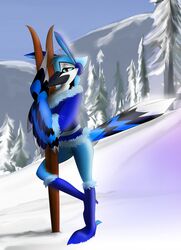  anthro avian beak bedroom_eyes bird black_beak blue_body blue_feathers boots clothed clothing corrvo eyebrows eyelashes feather_6 feathered_wings feathers female footwear half-closed_eyes hi_res mati narrowed_eyes pose seductive snow solo wings 