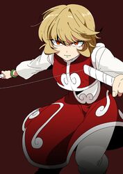  angry bad_id bad_pixiv_id blonde_hair bracelet breasts closed_mouth crop_top dual_wielding female fighting_stance hair_between_eyes holding hunter_x_hunter jewelry kumo_suzume kurapika&#039;s_mother long_sleeves looking_at_viewer medium_breasts outstretched_arms overskirt pants red_background red_eyes shaded_face shirt short_hair solo white_pants white_shirt 