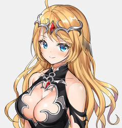  ahoge artemia_(king&#039;s_raid) blonde_hair blue_eyes breasts chibi_vanille cleavage cleavage_cutout clothing_cutout collarbone commentary_request female gem highres king&#039;s_raid large_breasts long_hair looking_at_viewer simple_background sleeveless smile solo tiara upper_body 