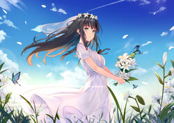  bare_arms blue_sky blush breasts brown_hair bug butterfly cloud commentary day dress female floating_hair flower flowers_(innocent_grey) green_eyes head_wreath highres holding holding_flower ldfe_mk2 lily_(flower) long_hair looking_at_viewer outdoors parted_lips plant shirahane_suou short_sleeves sidelocks sky solo white_dress white_flower wide_shot wind 