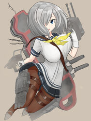  blue_eyes bouncing_breasts breasts brown_background brown_pantyhose cannon commentary_request female gloves grey_hair hair_over_one_eye hamakaze_(kancolle) highres holding kantai_collection large_breasts looking_at_viewer neckerchief pantyhose school_uniform serafuku shirt short_hair short_sleeves simple_background sin_(kami148) solo thigh_gap turret unaligned_breasts white_gloves white_hair white_shirt yellow_neckerchief 