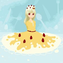  blonde_hair cake commentary_request dress female food fork illynda knife long_hair object_on_head red_eyes shimofuri-tan solo spoon yellow_dress yume_2kki 