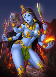  black_hair blue_eyes blue_skin bowl breasts colored_skin commentary_request earrings extra_arms facial_mark female forehead_mark headdress hindu_mythology hinduism jewelry kali_(mythology) lava loincloth long_hair medium_breasts midriff mundamala necklace open_mouth photoshop_(medium) polearm rakusai_(saisai_garou) skull skull_necklace smile solo sword trident very_long_hair volcano weapon 