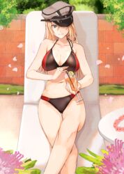  adapted_costume bad_id bad_twitter_id bikini bismarck_(kancolle) blonde_hair blue_eyes breasts chair drink female flower hat hat_over_one_eye kantai_collection large_breasts long_hair lounge_chair ogros peaked_cap petals smile solo swimsuit thigh_gap 