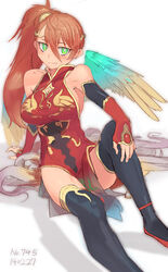  bad_id bad_pixiv_id bare_shoulders breasts chinese_clothes cleavage elbow_gloves female fingerless_gloves gloves green_eyes large_breasts leilan_(p&amp;d) lying pixiv_6684418 puzzle_&amp;_dragons red_hair side_ponytail simple_background smile solo white_background wings 