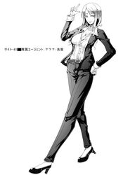  belt breasts check_translation cleavage commentary_request female formal greyscale hand_on_own_hip high_heels large_breasts long_hair md5_mismatch monochrome office_lady original pant_suit pants pointing scp_foundation shinikake smile solo suit translated translation_request 