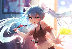  bare_shoulders blue_eyes blue_hair blurry bug chestnut_mouth chinese_commentary commentary_request depth_of_field electricity female flyswatter hair_ribbon hatsune_miku long_hair midriff mosquito navel open_mouth photoshop_(medium) qys3 racket ribbon see-through shirt solo sweat tennis_racket twintails very_long_hair vocaloid 