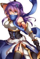  anemone_(flower_knight_girl) bare_shoulders blue_eyes blush breasts commentary_request female flower flower_knight_girl garter_straps hair_flower hair_ornament hairclip kimukimu long_hair looking_at_viewer purple_eyes purple_hair scarf solo thighhighs 