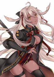  ahoge backlighting black_bow bow breasts cleavage cleavage_cutout commentary dark_skin fate/grand_order fate_(series) gold_trim hair_between_eyes hair_ribbon hairbow katana large_breasts long_hair okita_souji_(alter)_(fate) okita_souji_(fate)_(all) ribbon shiao solo sword thigh_strap thighhighs weapon white_hair yellow_eyes 