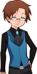  1boy bad_id bad_tumblr_id belt belt_buckle bespectacled blue_eyes brown_hair buckle dipper_gleeful dipper_pines expressionless facial_mark forehead_mark glasses gravity_falls hand_on_own_hip male_focus mike_inel reverse_falls_(gravity_falls) solo transparent_background vest 