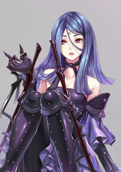  bare_shoulders blue_hair breasts cleavage collarbone commentary drag-on_dragoon drag-on_dragoon_3 eyelashes facial_mark feet_out_of_frame female forehead_mark gloves gogo_(detteiu_de) grey_background hair_between_eyes hair_ornament highres knees_together_feet_apart long_hair medium_breasts open_mouth photoshop_(medium) purple_eyes purple_gloves roman_numeral solo straight_hair three_(drag-on_dragoon) 