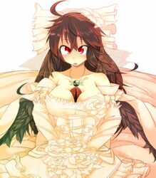  blush bouquet bow breasts bridal_veil bride brown_hair cleavage commentary_request cross-eyed dress elbow_gloves female flower gloves hair_flower hair_ornament hairbow large_breasts long_hair red_eyes reiuji_utsuho solo third_eye touhou veil wedding_dress wings yadokari_(yadokani) 