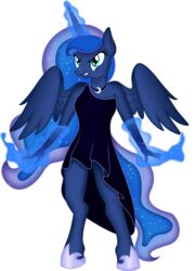  2015 absurd_res alicorn alpha_channel angry armwear black_clothing black_dress blue_body blue_eyes blue_feathers blue_fur blue_hair clothing dress elbow_gloves equid equine feathered_wings feathers female friendship_is_magic fur gloves hair handwear hasbro hi_res horn jewelry magic mammal multicolored_hair my_little_pony mythological_creature mythological_equine mythology necklace princess_luna_(mlp) simple_background solo sparkles theshadowstone transparent_background two_tone_hair wings 