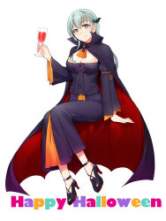  aqua_hair bat_hair_ornament black_footwear black_pants blush breasts corset cup detached_sleeves female hair_ornament hairclip halloween halloween_costume happy_halloween high_heels holding holding_cup kantai_collection large_breasts long_hair looking_at_viewer pants sitting smile solo suzuya_(kancolle) teramoto_kaoru vampire_costume 