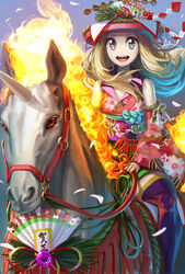  2014 bad_id bad_pixiv_id blonde_hair blue_eyes chinese_zodiac female fiery_hair fire hat horns horse japanese_clothes kimono long_hair motoki_(hisano_motoki) new_year photoshop_(medium) pokemon pokemon_(creature) pokemon_xy rapidash serena_(pokemon) single_horn thighhighs translated white_horse year_of_the_horse 