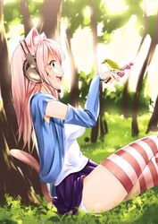  absurdres animal_ears blush breasts cat_ears cat_tail commentary_request female ganari_ryuu green_eyes headphones headset highres large_breasts long_hair looking_at_viewer open_mouth original panties pink_hair smile solo super_tama_musume tail tamatoys thighs underwear 