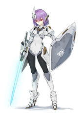  absurdres armor bodysuit boots commentary covered_navel energy_sword eyebrows female full_body gauntlets headgear high_heels highres kai_(ootamuno12) knight looking_at_viewer original pauldrons photoshop_(medium) purple_hair red_eyes science_fiction shield short_hair shoulder_armor showgirl_skirt simple_background solo standing sword thigh_boots thighhighs turtleneck weapon white_background 