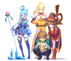  1boy 3girls aqua_(konosuba) bad_id bad_pixiv_id black_hair black_thighhighs blue_eyes blue_footwear blue_hair blue_legwear boots bottle breasts brown_footwear brown_hair brown_hat cleavage coin commentary_request darkness_(konosuba) green_eyes hat high_heels holding holding_staff knee_boots kneeling kono_subarashii_sekai_ni_shukufuku_wo! large_breasts long_hair looking_at_another looking_away loup megumin multiple_girls orange_footwear ponytail red_eyes satou_kazuma short_hair staff sweatdrop thigh_boots thighhighs thighhighs_under_boots white_legwear zettai_ryouiki 