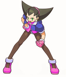  capcom clenched_hand cropped_jacket crotch_plate earrings full_body gloves green_eyes hair_pulled_back hairband hand_on_hip high_heels ishikawa_hideki jacket jewelry leaning_forward legs_apart looking_at_viewer official_art open_clothes open_jacket open_mouth pantyhose pink_hairband puffy_sleeves rockman rockman_dash simple_background solo tron_bonne white_background 