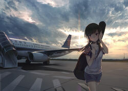  airbus_a320 aircraft airplane black_hair china_southern_airlines cloud cloudy_sky collarbone commentary_request female guitar_case hair_ornament instrument_case original outdoors panda_hair_ornament photoshop_(medium) purple_hair shadow shirt short_shorts shorts sky solo stflash sun t-shirt tower 