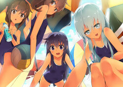  4girls :d :o akatsuki_(kancolle) ball bare_shoulders beach_umbrella blue_eyes blue_hair blue_sky bottle breasts brown_eyes brown_hair commentary_request competition_school_swimsuit day flat_chest folded_ponytail from_below hair_ornament hairclip hibiki_(kancolle) ikazuchi_(kancolle) inazuma_(kancolle) kantai_collection long_hair looking_at_viewer multiple_girls no_headwear one-piece_swimsuit open_mouth photoshop_(medium) school_swimsuit short_hair sky small_breasts smile squatting swimsuit tomato_(lsj44867) umbrella volleyball water_bottle white_hair 