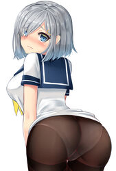  ass blue_eyes blush brown_pantyhose commentary_request female grey_hair hair_over_one_eye hamakaze_(kancolle) kantai_collection neckerchief panties panties_under_pantyhose pantyhose school_uniform serafuku short_hair short_sleeves simple_background sin_(kami148) solo thighband_pantyhose underwear white_background yellow_neckerchief 