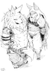  2016 abs anthro bare_chest brother_(lore) brothers_(lore) canid canine claws clothed clothing duo eyeshadow fur greyscale grin hood looking_at_viewer makeup male mammal monochrome muscular nadar_(wander_crown) shubar_(wander_crown) sibling_(lore) smile standing traditional_media_(artwork) wander_crown xigma 