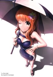  :3 absurdres artist_name bad_id bad_pixiv_id blush breasts brown_eyes brown_hair cleavage closed_mouth commission female hand_on_own_hip highres holding holding_umbrella huira444 idolmaster idolmaster_cinderella_girls large_breasts moroboshi_kirari one_eye_closed race_queen smile solo umbrella 