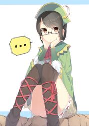  ... 7zu7 ankle_lace-up bicorne black_thighhighs commentary_request cross-laced_footwear female glasses guildmarm_(monster_hunter) hands_on_own_cheeks hands_on_own_face hat looking_at_viewer monster_hunter_(series) monster_hunter_4 ribbon semi-rimless_eyewear simple_background solo thighhighs under-rim_eyewear white_background 