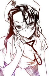  between_breasts breasts cleavage commentary_request female glasses hat highres kagari_ayaka large_breasts monochrome nurse nurse_cap senomoto_hisashi solo stethoscope witch_craft_works 