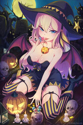  bad_id bad_pixiv_id black_hat black_thighhighs blonde_hair blue_eyes blush breasts cleavage female halloween hat highres jack-o&#039;-lantern lantern large_breasts long_hair looking_at_viewer loup original parted_lips pumpkin sitting skull solo star_(symbol) striped_clothes striped_thighhighs thighhighs tongue tongue_out vertical-striped_clothes vertical-striped_thighhighs wariza witch_hat yellow_thighhighs 