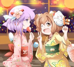  2girls ;d bell blush_stickers candy_apple commentary_request corn_dog eating flower food fox_mask hair_bell hair_flower hair_ornament hand_fan hieda_no_akyuu japanese_clothes kikurage_(sugi222) kimono lantern mask motoori_kosuzu multiple_girls one_eye_closed open_mouth orange_eyes orange_hair paper_fan purple_eyes purple_hair skewer smile touhou uchiwa v water_yoyo yukata 