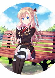  bench blonde_hair blue_eyes braid chrisandita collaboration commentary female high_school_fleet highres long_hair military military_uniform outdoors park_bench single_braid sitting smodzz998 solo thighhighs uniform wilhelmina_braunschweig_ingenohl_friedeburg 