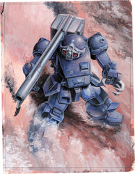  1980s_(style) acrylic_paint_(medium) antennae armored_trooper claws commentary_request highres mecha no_humans official_art painting_(medium) production_art promotional_art radio_antenna realistic retro_artstyle robot rocket_launcher saeki_shouji science_fiction solo soukou_kihei_votoms strikedog traditional_media trim_marks weapon 