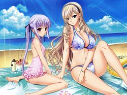  2girls absurdres bangle barefoot beach bikini blonde_hair blue_eyes bracelet breasts casual_one-piece_swimsuit celia_kumani_entory cleavage cloud cross drill_hair duplicate feet floral_print hair_ribbon hairband halterneck highres huge_filesize jewelry komori_kei large_breasts lavender_hair legs light_rays lisa_eostre long_hair looking_at_viewer multiple_girls nail_polish navel necklace one-piece_swimsuit purple_eyes ribbon risa_eostole shiny shiny_skin sitting sunbeam sunlight swimsuit translation_request twin_drills twintails very_long_hair walkure_romanze wariza 