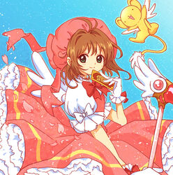  bad_id bad_pixiv_id brown_hair cardcaptor_sakura clow_card dress female fuuin_no_tsue gloves green_eyes hat hiro_(14806390) kero_(cardcaptor_sakura) kinomoto_sakura kinomoto_sakura_(magic_dream_costume) magical_girl smile white_gloves wings 