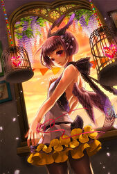  bare_shoulders black_legwear black_pantyhose cage coga female female flower frilled_skirt frills heart hime_cut looking_at_viewer original pantyhose purple_eyes purple_hair short_hair skirt sleeveless solo wings 