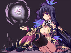  agnes_(sennen_sensou_aigis) awakening_(sennen_sensou_aigis) black_hair boots breasts cleavage commentary_request female full_body garter_straps hair_ornament hat hat_feather high_heels jewelry knee_boots large_breasts long_hair looking_to_the_side necklace open_mouth outstretched_hand purple_eyes sennen_sensou_aigis sitting skull_necklace solo thighhighs toshihiro 