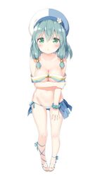  arm_grab arm_under_breasts bikini blue_hat blue_scrunchie blush breast_hold breasts cleavage collarbone commentary_request endro! female flower full_body green_eyes green_hair groin hair_between_eyes hat kani_biimu long_hair looking_at_viewer medium_breasts meiza_endust multicolored_clothes multicolored_hat navel parted_lips pigeon-toed scrunchie sidelocks simple_background solo standing striped_bikini striped_clothes swimsuit white_background white_flower white_hat wrist_scrunchie 