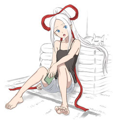  absurdres bad_id bad_pixiv_id barefoot blue_eyes camisole eyes_visible_through_hair feet female fudatsuki_kyouko fudatsuki_no_kyouko-chan full_body highres long_hair open_mouth ponytail red_ribbon ribbon shorts sidelocks sitting soles solo souji_kurokawa toes very_long_hair white_hair 