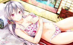  antique_phone bare_shoulders blush bra breasts closed_mouth collarbone commentary_request corded_phone dated female floral_print flower food fruit girlfriend_(kari) grey_hair groin hair_between_eyes hair_flower hair_ornament highres lens_flare lingerie long_hair looking_at_viewer low_twintails masa_(mirage77) medium_breasts navel panties petals phone pink_eyes rotary_phone shigeto_akiho signature solo stomach tatami twintails underwear underwear_only veranda water watermelon 