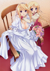  2girls :d absurdres age_difference blonde_hair blue_eyes blush bouquet bow breasts bridal_veil chair cleavage dress earrings elbow_gloves flower frills from_above gloves hair_bun hair_ribbon hand_on_another&#039;s_shoulder happy highres holding hug indoors jewelry komori_kei large_breasts long_hair long_sleeves looking_at_viewer maria_van_hossen multiple_girls necklace official_art open_mouth pearl_necklace photoshop_(medium) pink_flower pink_rose princess_lover puffy_short_sleeves puffy_sleeves ribbon rose see-through short_hair short_sleeves siblings silvia_van_hossen single_hair_bun sisters sitting sleeve_cuffs smile standing thick_eyebrows tiara veil very_long_hair wedding_dress white_flower white_gloves white_rose 