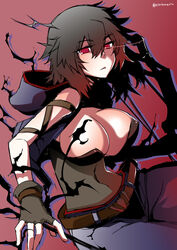  belt black_hair bow breasts cleavage commentary_request cowboy_shot female fingerless_gloves gloves hitotose_rin hood hood_down large_breasts looking_at_viewer photoshop_(medium) red_eyes rita_(sennen_sensou_aigis) sennen_sensou_aigis solo twitter_username 