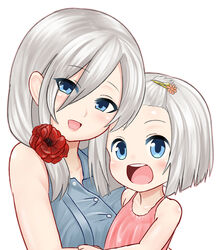  2girls :d aged_up bangs_pinned_back bare_shoulders blue_eyes bob_cut commentary_request eyes_visible_through_hair flower hair_flower hair_ornament hairclip hamakaze_(kancolle) highres kantai_collection long_hair looking_at_viewer mother_and_daughter multiple_girls open_mouth outline pink_outline red_flower short_hair simple_background sin_(kami148) sleeveless smile upper_body white_background white_hair 