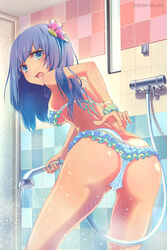  accessory_tan ass bad_id bad_pixiv_id bikini blue_hair blush bracelet breasts dark-skinned_female dark_skin female frilled_bikini frills from_behind green_eyes hair_ornament hair_ribbon hair_scrunchie highres jewelry large_breasts long_hair looking_at_viewer looking_back loup open_mouth original ribbon scrunchie shower_(place) shower_head showering solo swimsuit tan tanlines tile_wall tiles underboob water window 