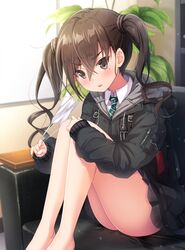  :o bare_legs barefoot black_jacket blurry blurry_background blush brown_eyes brown_hair collared_shirt commentary couch depth_of_field diagonal-striped_clothes diagonal-striped_necktie drawstring feet_out_of_frame female green_necktie grey_jacket grey_skirt hair_between_eyes idolmaster idolmaster_cinderella_girls indoors jacket knees_up legs long_hair long_sleeves mask mask_around_one_ear matokechi mole mole_under_eye mouth_mask necktie on_couch parted_lips plant pleated_skirt potted_plant removing_mask sharp_teeth shirt sitting skirt sleeves_past_wrists solo striped_clothes striped_necktie sunazuka_akira surgical_mask teeth twintails two-sided_fabric two-sided_jacket upper_teeth_only v-shaped_eyebrows white_mask white_shirt 