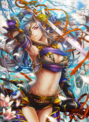  bare_shoulders breasts cleavage coga detached_sleeves eyepatch female grey_hair holding holding_sword holding_weapon long_hair midriff navel purple_eyes sengoku_taisen shorts solo sword weapon yamamoto_kansuke_(sengoku_taisen) 