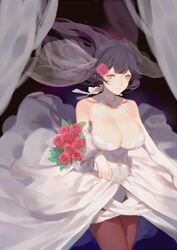  azur_lane bare_shoulders black_hair bouquet breasts brown_eyes brown_pantyhose chinese_commentary cleavage commentary_request cosplay dress female flower hair_flower hair_ornament illustrious_(azur_lane) illustrious_(azur_lane)_(cosplay) large_breasts looking_at_viewer pantyhose red_cucumber rose short_hair solo takao_(azur_lane) white_dress 