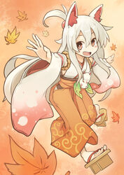  animal_ears autumn blush_stickers commentary_request detached_sleeves female flat_chest fox_ears fox_mask geta hair_between_eyes hair_bobbles hair_ornament hakama hakama_skirt japanese_clothes kimono leaf long_hair looking_at_viewer maple_leaf mask open_mouth orange_background orange_hakama original outstretched_arms red_eyes rope senhappyaku short_ponytail skirt smile solo spread_arms very_long_hair white_hair 